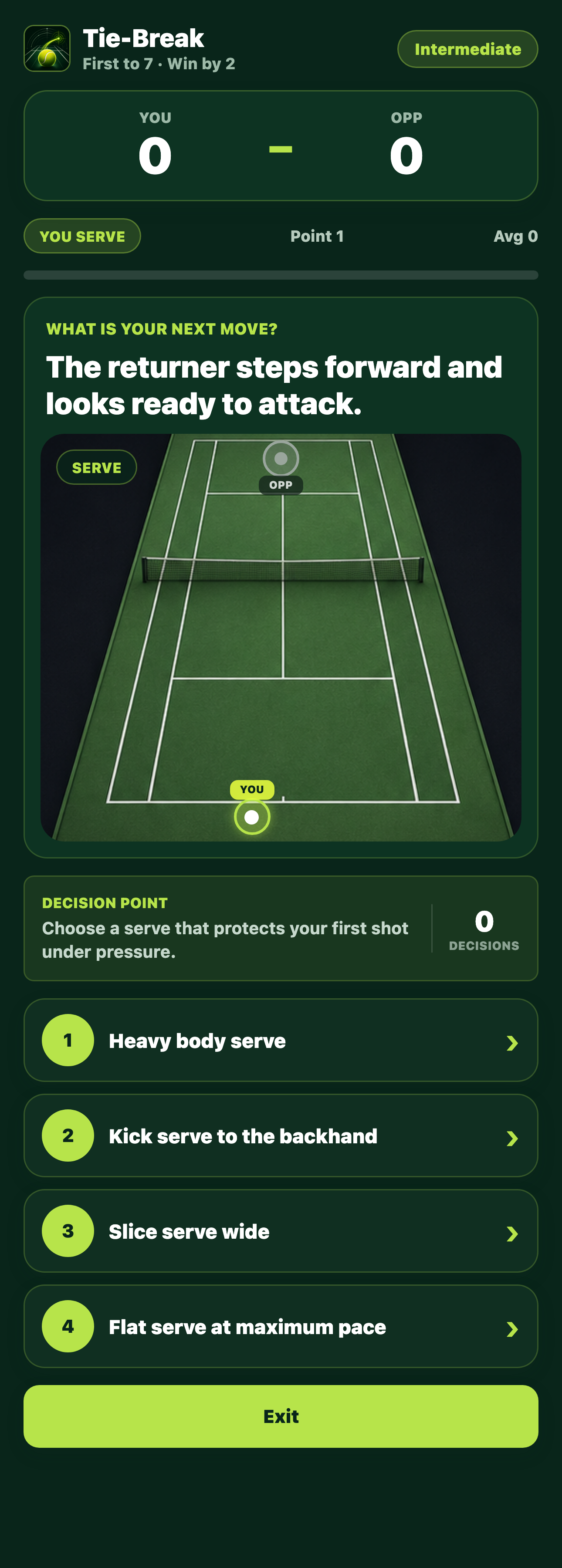 Tie-Break gameplay screen with live score and tactical shot choices.