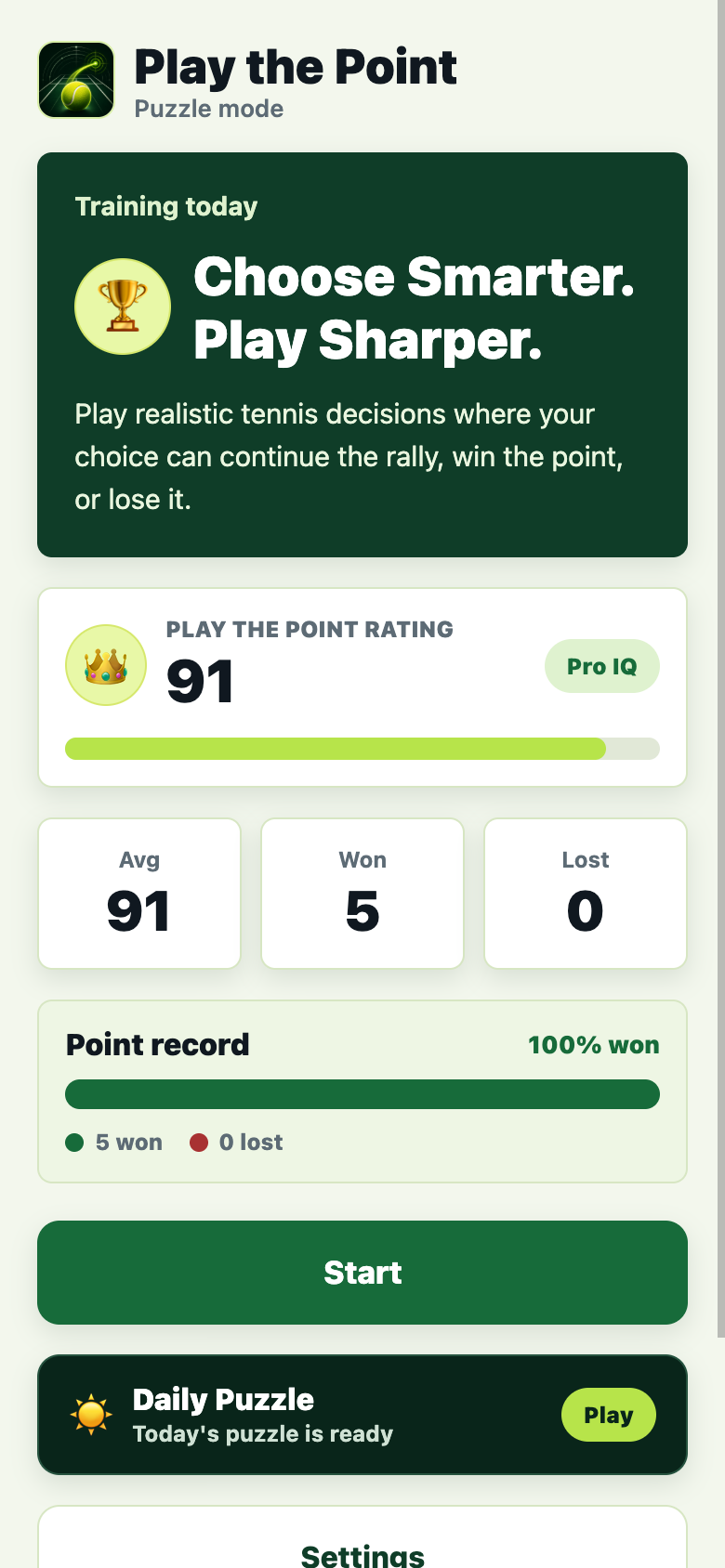 Play the Point progress dashboard showing a Pro IQ rating, five wins, and the Daily Puzzle.