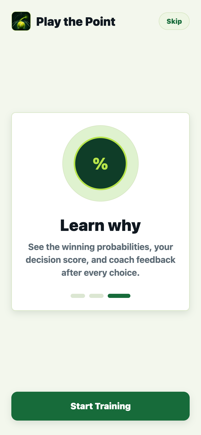 Learn why onboarding screen explaining probabilities, decision scores, and coach feedback.